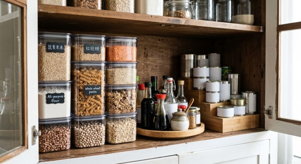Square clear containers of rice, pasta, and flour organized in a small pantry cupboard