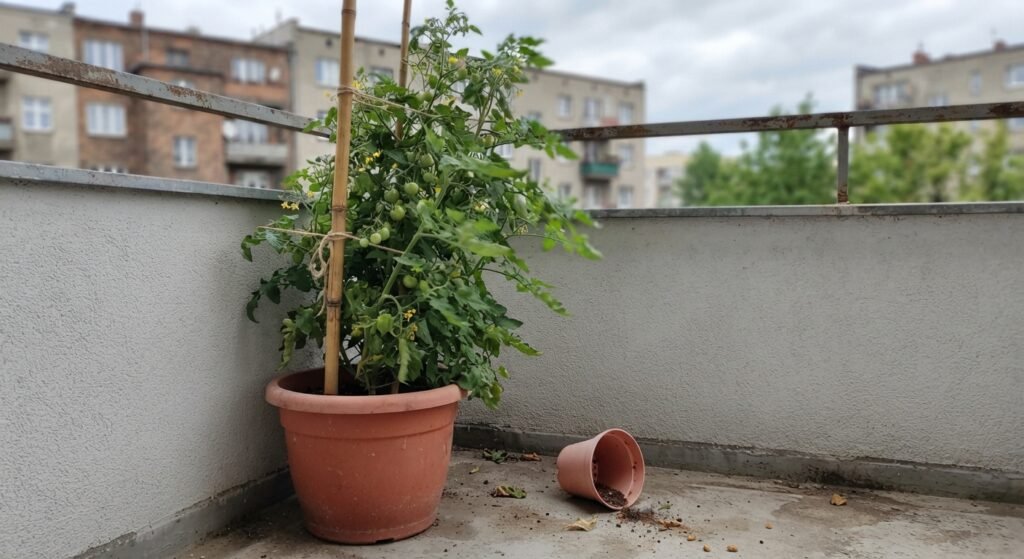 Tomato plant staked against a wall to protect it from wind on an apartment balcony
