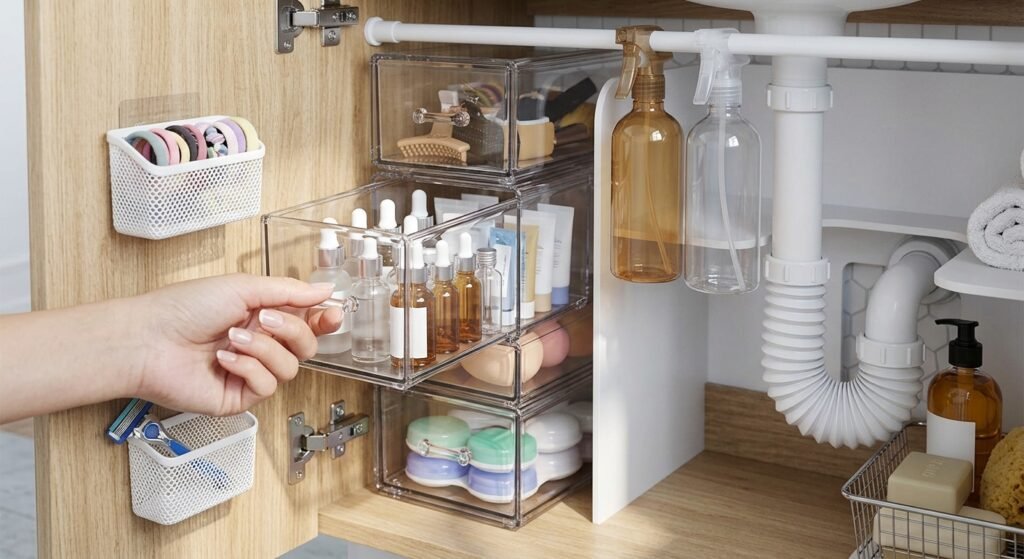 Tension rod under a bathroom sink with spray bottles hanging by their triggers