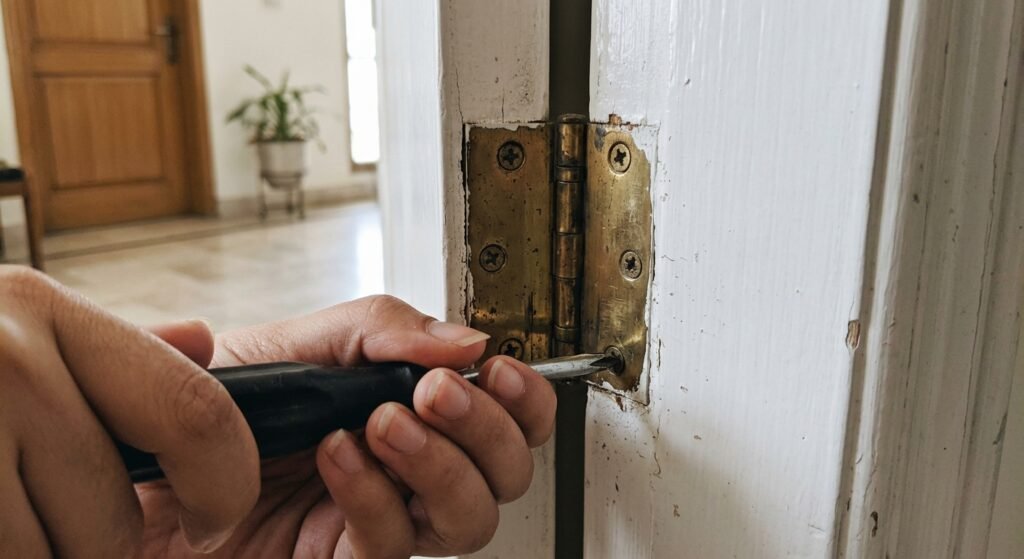 Tightening loose screws on a door hinge plate with a hand screwdriver