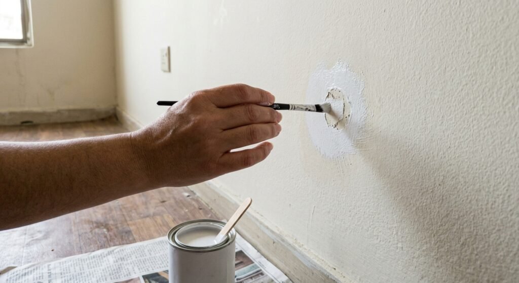 Dabbing touch-up paint over filled nail holes in a wall with a small brush