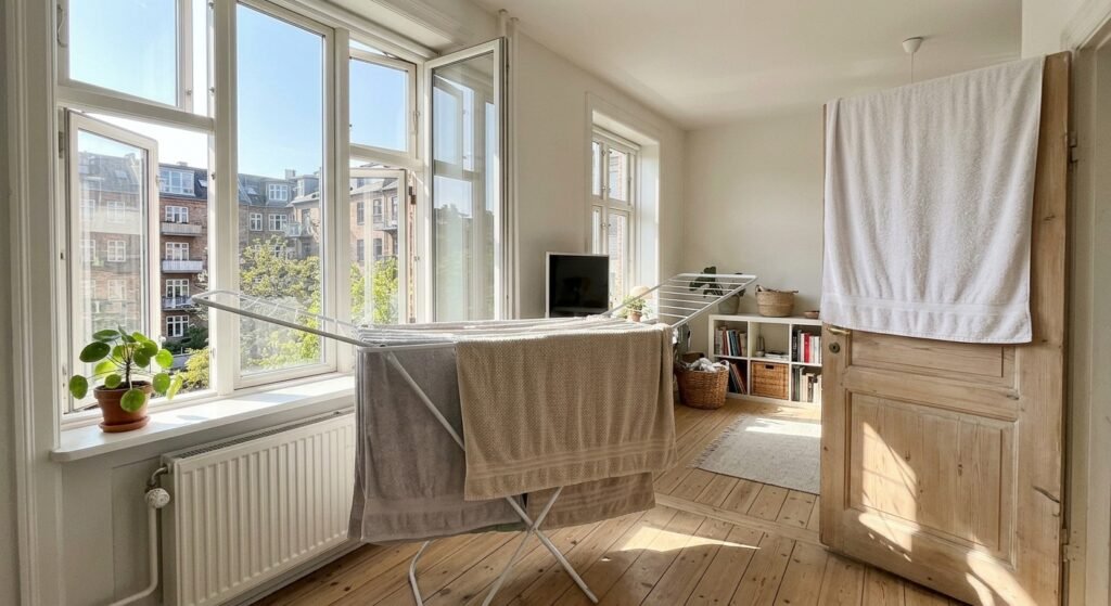 Towels spread out to dry quickly on a rack near a bright window so they stay fresh