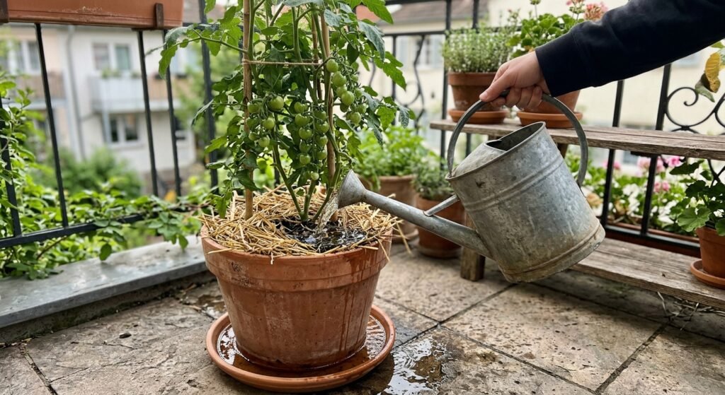 Deep watering a potted tomato plant at soil level on a balcony in the morning