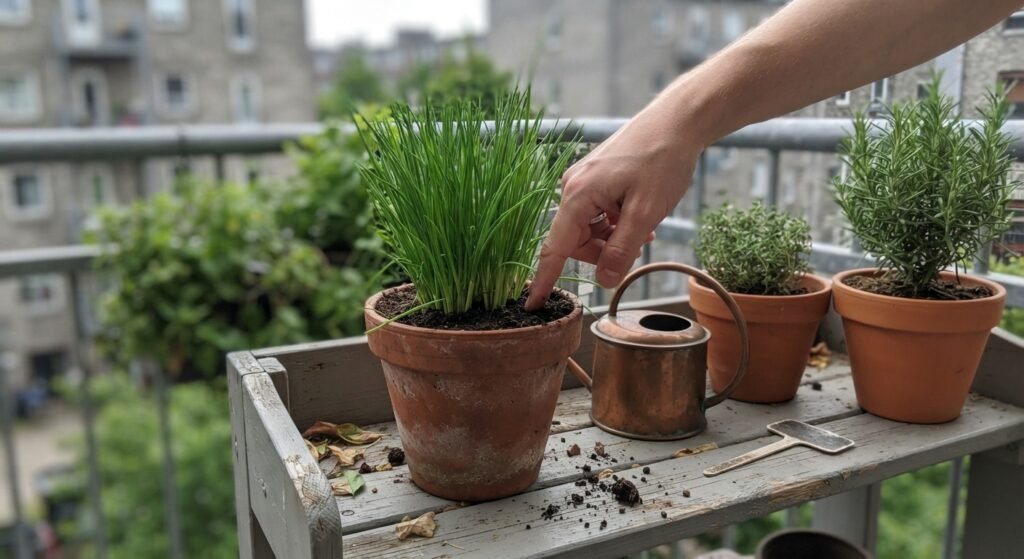 Checking soil moisture before watering herbs grown in shade on a balcony