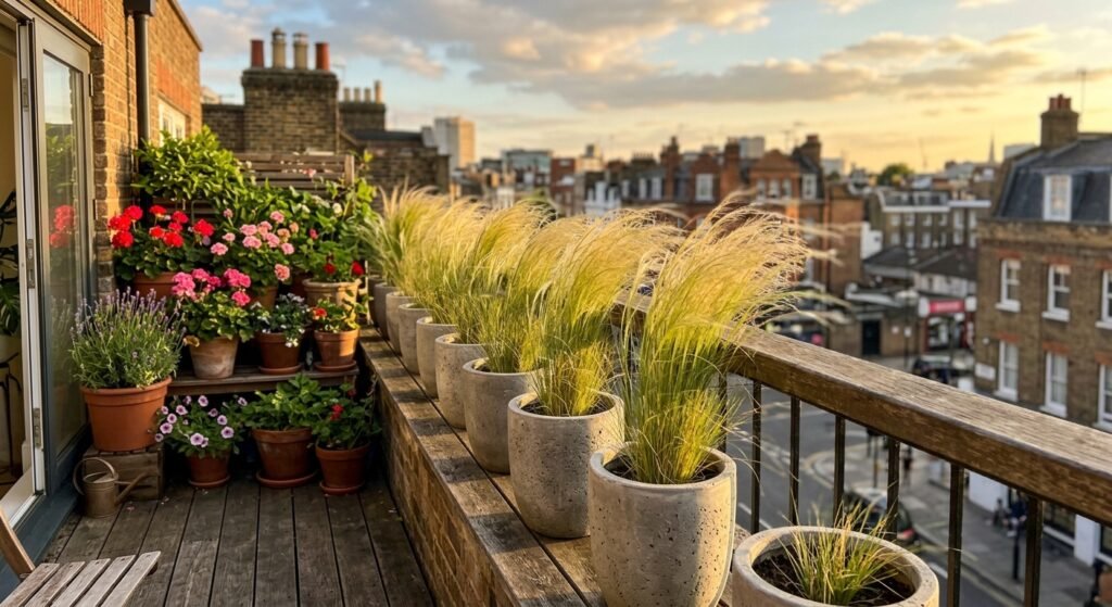 Row of wind tolerant ornamental grasses acting as a living windbreak on a balcony edge