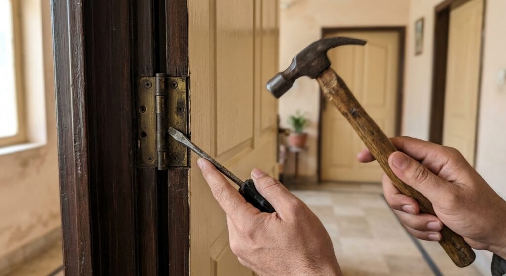 Removing a door hinge pin with a flathead screwdriver and hammer to fix a squeaky hinge
