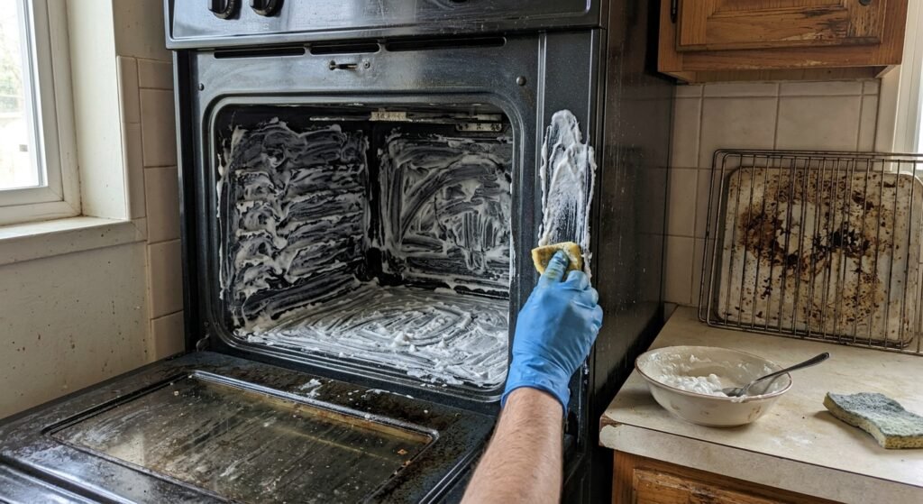 Baking soda paste spread across the inside of an oven to clean it without oven cleaner
