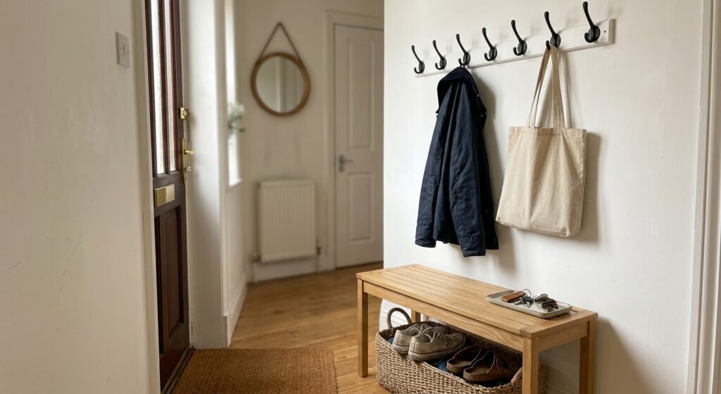 Small apartment entryway organization with wall hooks, a slim bench, and a shoe basket by the front door