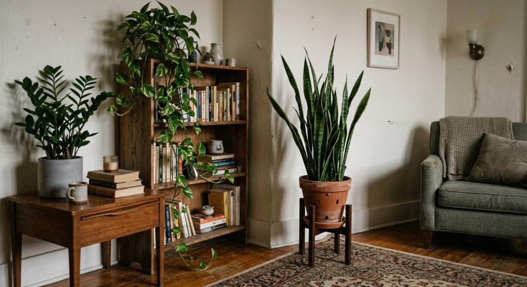Houseplants that survive low light including a snake plant and pothos in a dim apartment corner