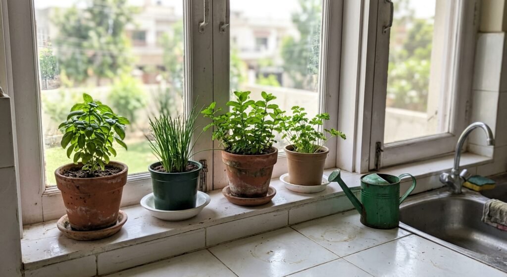 Indoor herb garden for beginners with basil, chives, and mint pots on a sunny kitchen windowsill