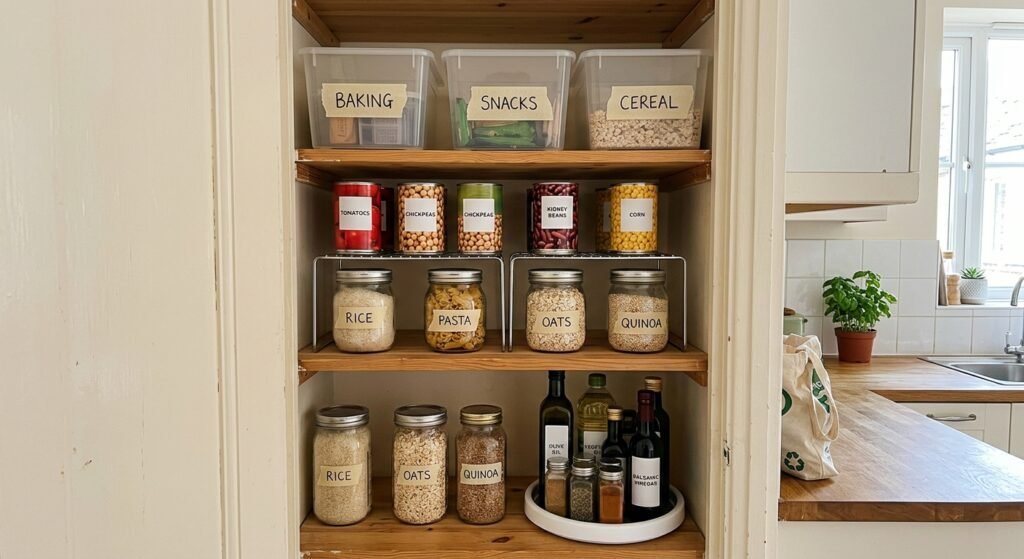 Small pantry organized on a budget with labeled bins, shelf risers, and a can turntable