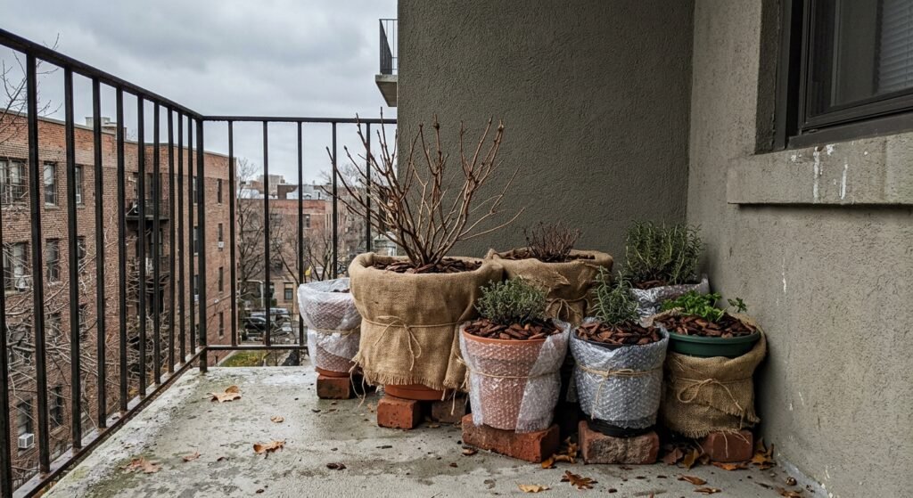 Container plants clustered and wrapped in bubble wrap to overwinter on an apartment balcony