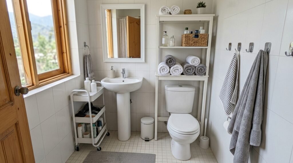 Small rental bathroom with over-toilet shelf, rolling cart, and no-drill storage ideas