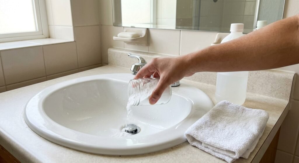 Pouring baking soda into a bathroom sink drain to unclog it without chemicals