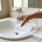 Pouring baking soda into a bathroom sink drain to unclog it without chemicals