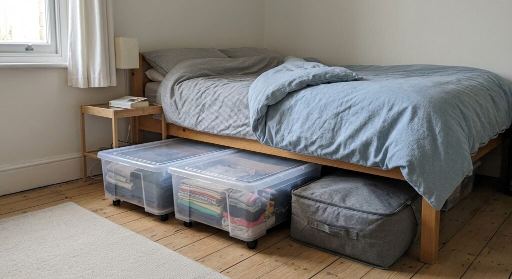 Under bed storage ideas with labeled rolling bins and zippered bags sliding out from under a bed