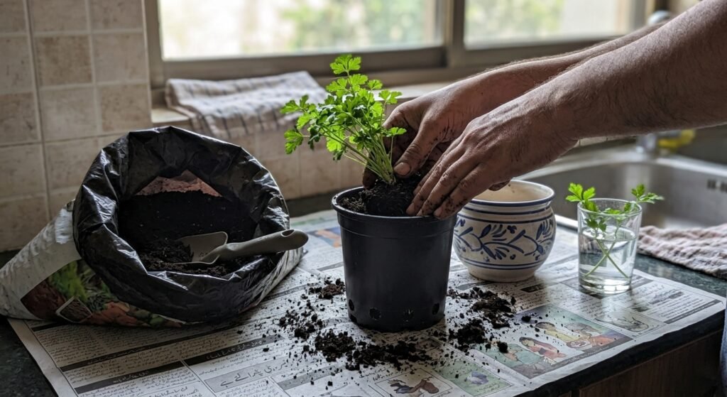 Repotting a small herb into a pot with drainage holes on a kitchen counter