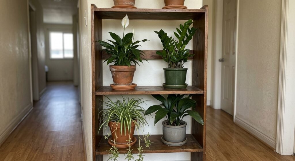 Collection of low light houseplants including peace lily, ZZ plant, and spider plant on a shelf