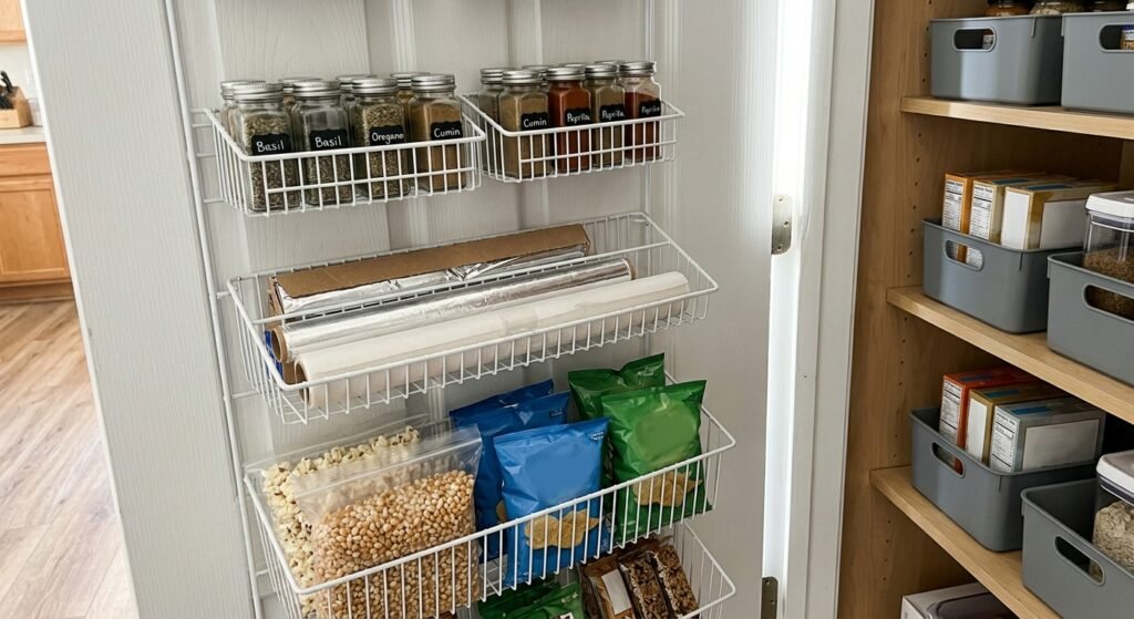 Over-door rack on a pantry door holding spices and packets to organize a small pantry