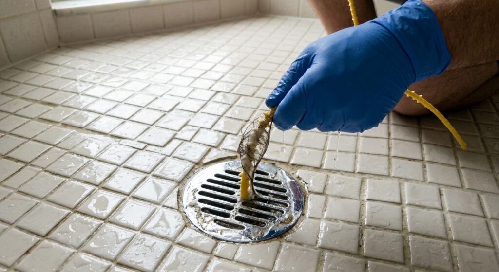 Using a plastic drain snake zip tool to pull a hair clog from a shower drain
