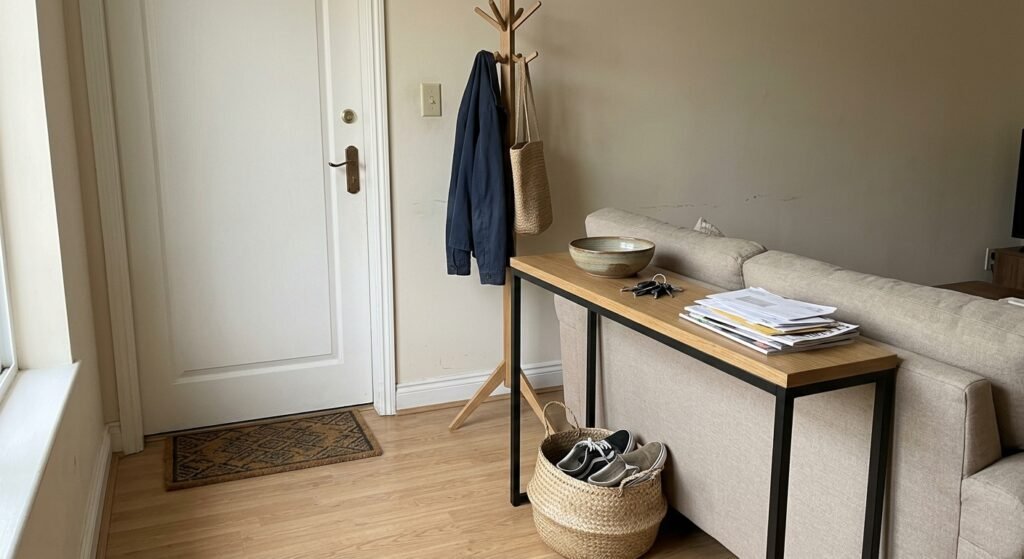 Slim console table used as an entryway drop zone in a small living room