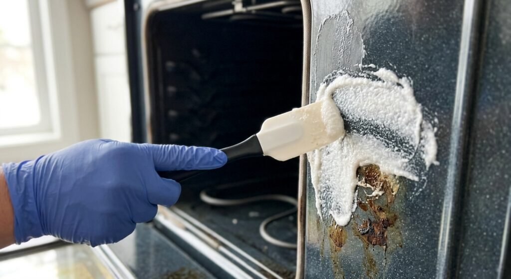 Close-up of baking soda paste being spread on oven walls avoiding the heating element