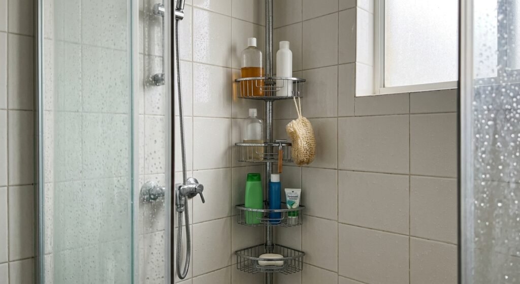 Tension pole corner caddy holding shampoo bottles in a small shower, a no-drill bathroom storage idea