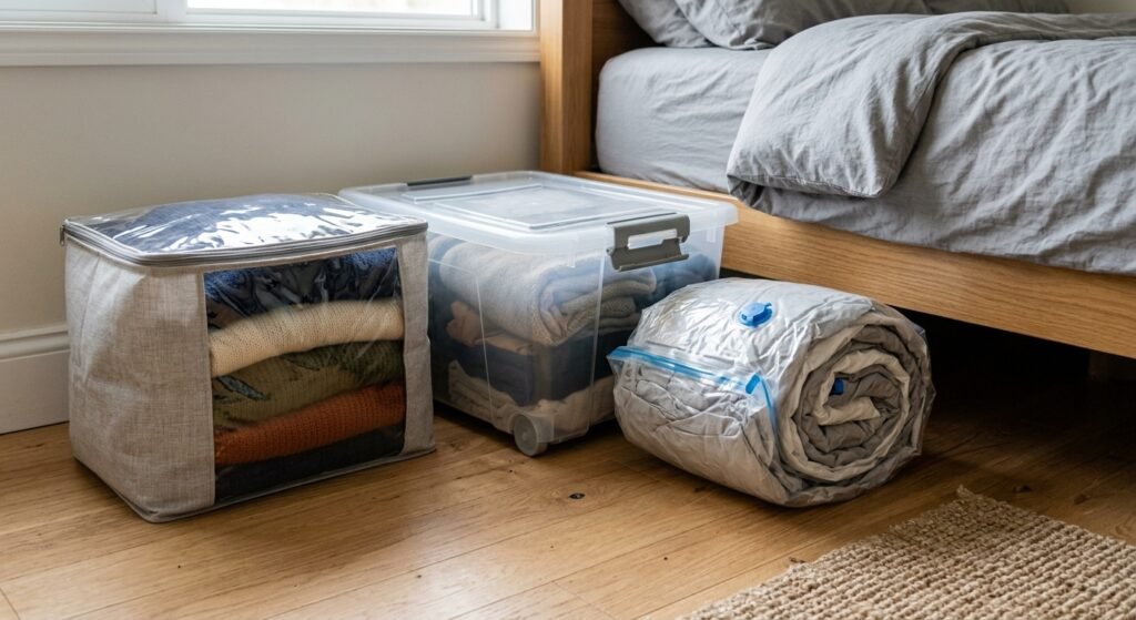 Zippered under bed storage bags and a wheeled plastic bin filled with folded winter clothes