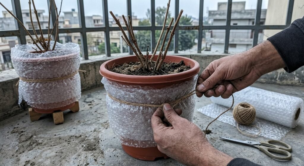 Hands wrapping a balcony plant pot in bubble wrap to protect roots over winter
