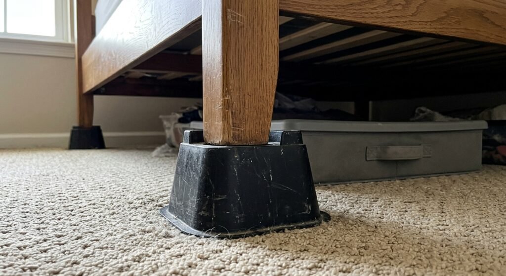 Bed leg sitting on a riser creating extra under bed storage space