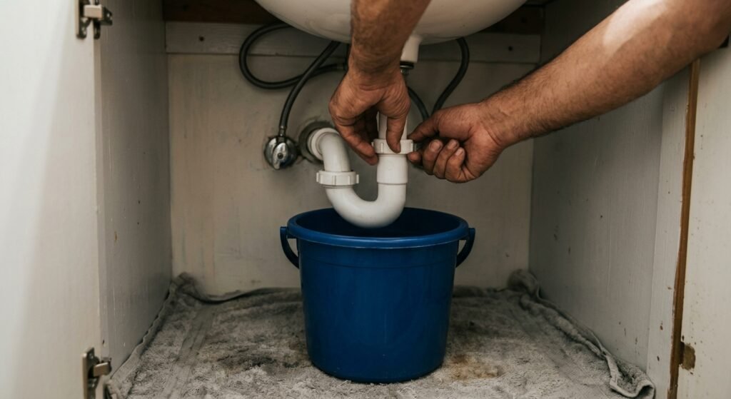 Removing the P-trap under a sink with a bucket below to clear a clogged drain