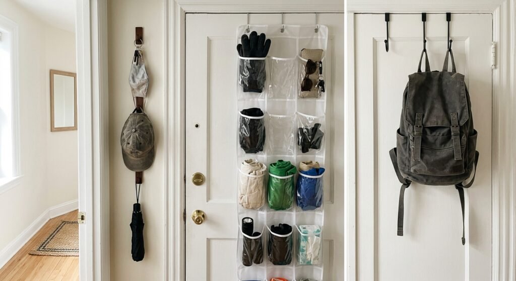Over-door organizer with clear pockets holding gloves and small items on the back of a front door