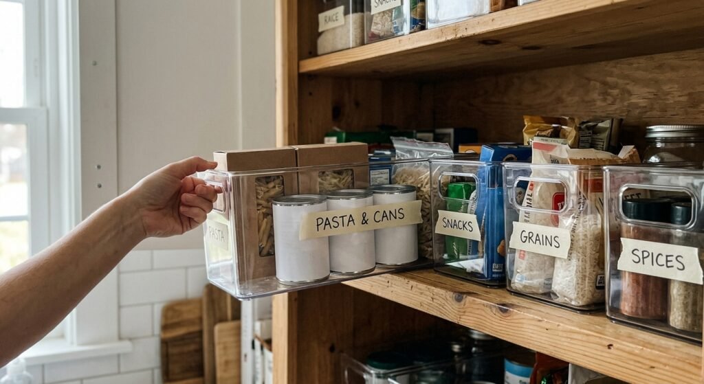 Pulling a long plastic bin out from a deep pantry shelf like a drawer