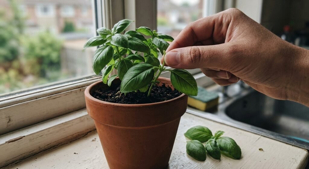 Fingers pinching a basil stem above a leaf pair to harvest windowsill herbs