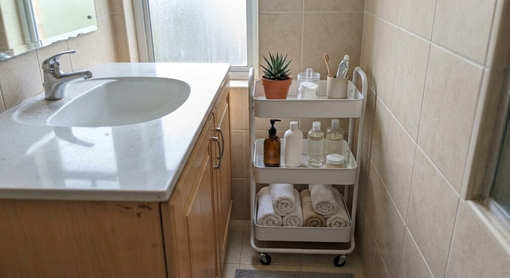 Slim rolling storage cart in a narrow gap beside a bathroom vanity holding towels and toiletries