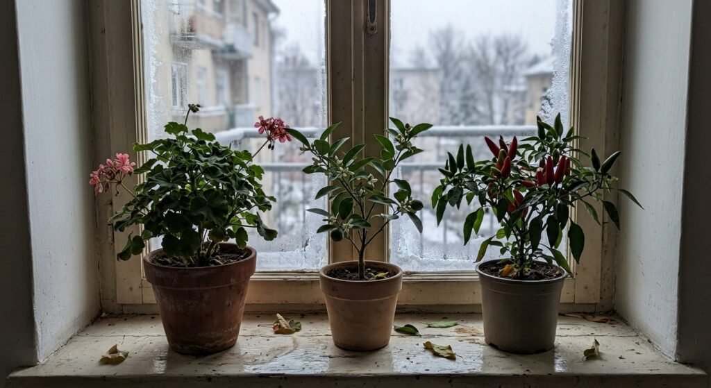 Tender container plants overwintering on a bright cool windowsill indoors