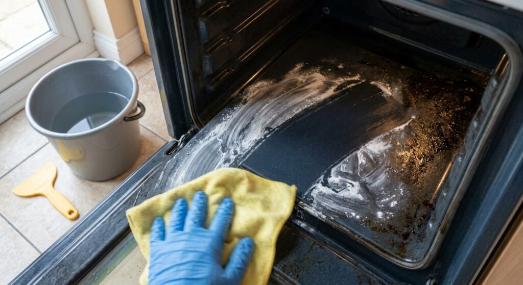 Wiping down a clean oven interior with a damp cloth after removing baking soda paste