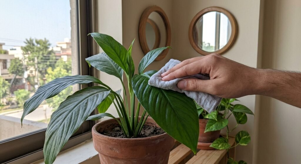Wiping dust from houseplant leaves near a window to help low light plants